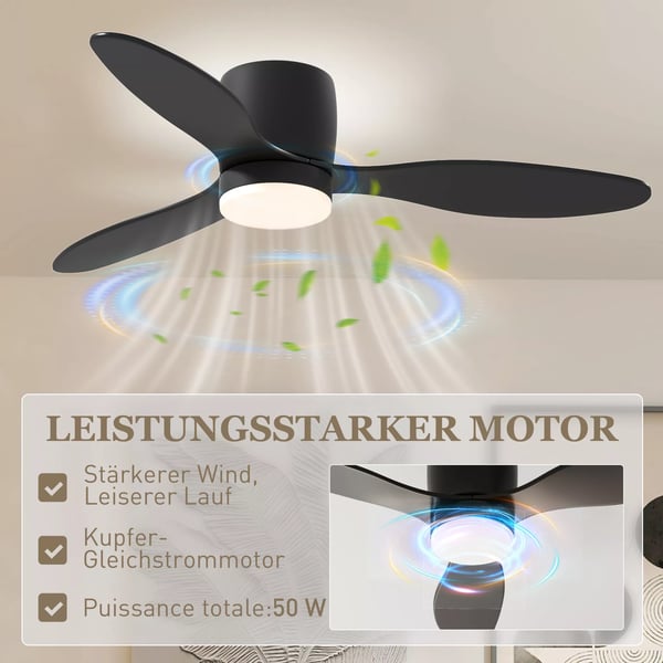 HOMCOM Loftventilator i Sort ABS med LED Lys og Fjernbetjening, 115 cm Diameter, 6 Hastigheder, Timer