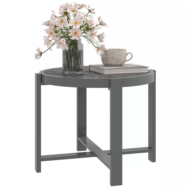 Outsunny Havebord Rund Grå Aluminium med Marmorlook - Vejrbestandigt Sidebord til Udendørs/Indendørs Brug