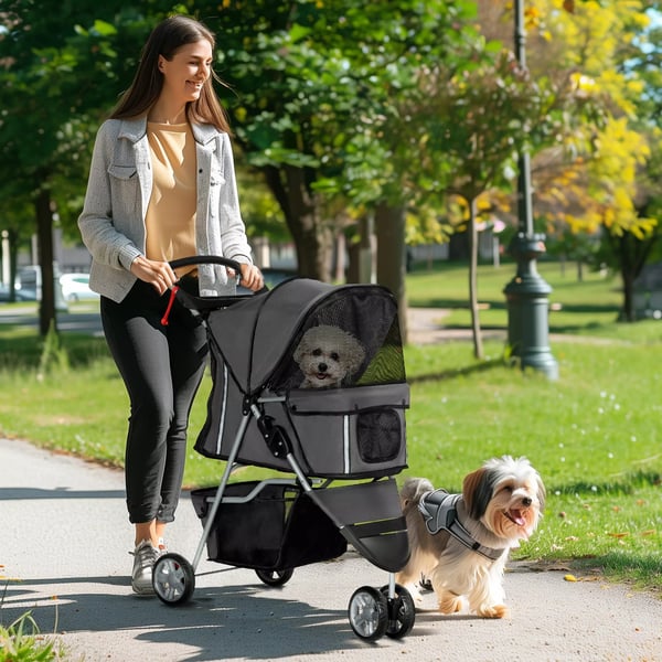 PawHut Hundeklapvogn Dybgrå - Foldbar til op til 10kg hunde & katte med pude, mesh vinduer, kopholder, opbevaring