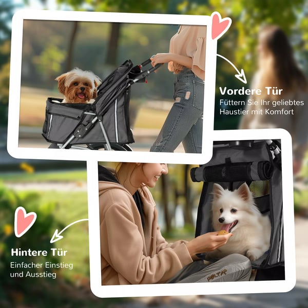 PawHut Hundeklapvogn Dybgrå - Foldbar til op til 10kg hunde & katte med pude, mesh vinduer, kopholder, opbevaring