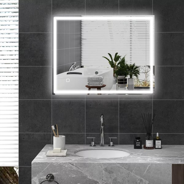 Badeværelsesspejl 90x70 cm med LED-lys, Dugfri, Berøringskontakt, Hukommelsesfunktion, 3 Lysfarver, Sølv Hartglas