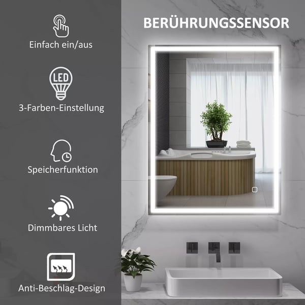 Badeværelsesspejl 90x70 cm med LED-lys, Dugfri, Berøringskontakt, Hukommelsesfunktion, 3 Lysfarver, Sølv Hartglas