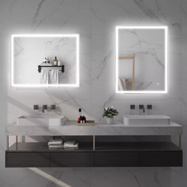 Badeværelsesspejl 90x70 cm med LED-lys, Dugfri, Berøringskontakt, Hukommelsesfunktion, 3 Lysfarver, Sølv Hartglas
