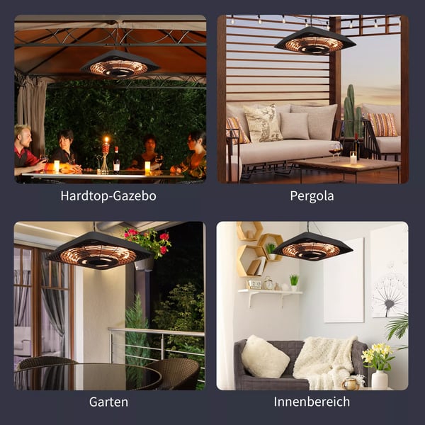 Outsunny Terrassevarmer Sort Aluminium 800W/1200W/2000W IP45 med Fjernbetjening og LED Lys