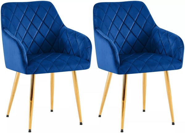 Sæt med 2 Monett Mørkeblå Fløjls Spisebordsstole med Diamantquiltet Mønster, Komfortabel Polstret Sæde og Metalstel - 83cm H x 53cm B