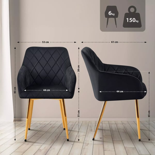 Monett Sort Fløjl Spisebordsstol med Diamantquiltet Sæde og Metalstel, Polstret for Komfort
