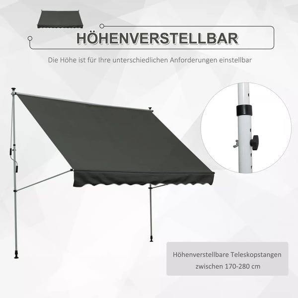 Outsunny Klemmmarkise Gelenkarmmarkise Sol-/Regnbeskyttelse Alu Grå 300 x 150 cm