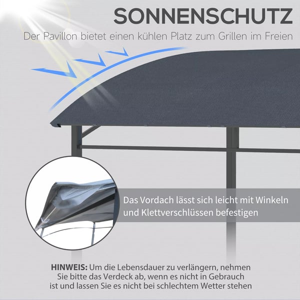 Outsunny grillpavillon, grilloverdækning, regnbeskyttelse, UV-bestandig, vandtæt, med kroge, stålramme, polyester, grå, 215 x 150 x 174/220 cm