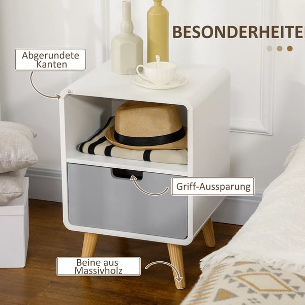 HOMCOM natbord, natbord med skuffe og åbent rum, sidebord, hvid, 40x38x58cm