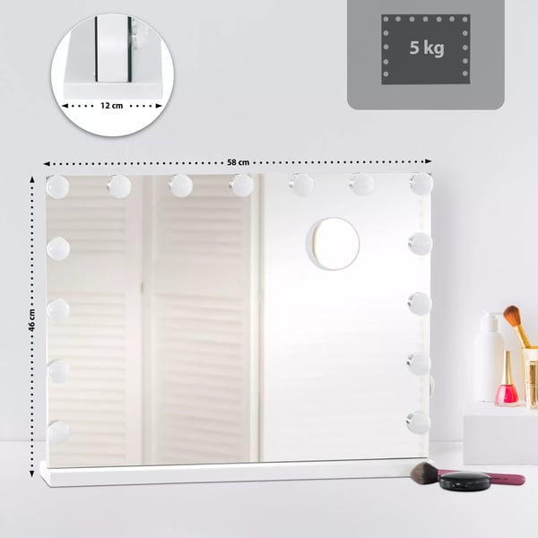 Meikkipöytäpeili Marlene, valkoinen muovi, 10x suurennus, LED-valot, USB-portti