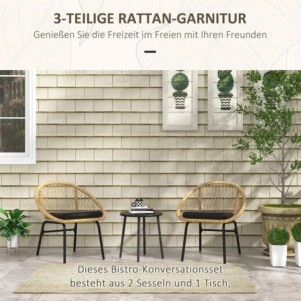 Outsunny 3-delte Rattan Havemøbelsæt med Sofabord og 2 Stole - Gul Polyester