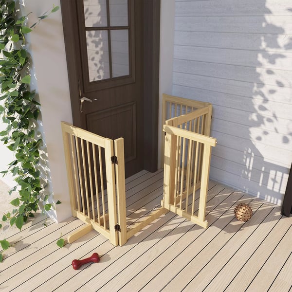 PawHut Hundegitter 4-delt, Naturtræ, 204x75 cm foldbart dørgitter med tilhørende dør, fritstående hundegitter med 2 støttefødder, sammenklappeligt hun