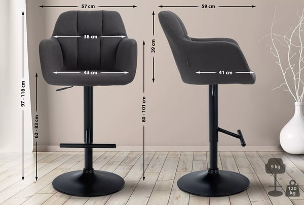 Natoma sort stof barstol med justerbar højde, drejefunktion og ryglæn - Komfortabelt polyestersæde