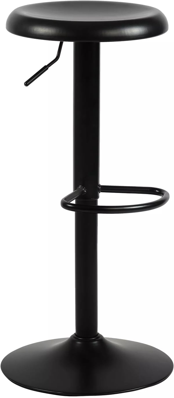 Svart barstol i metall, justerbar höjd och svängbar med fotstöd, 39 cm diameter