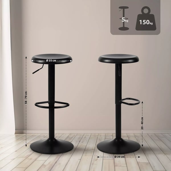 Sort metal barstol, højdejusterbar og drejelig med fodstøtte, 39 cm diameter