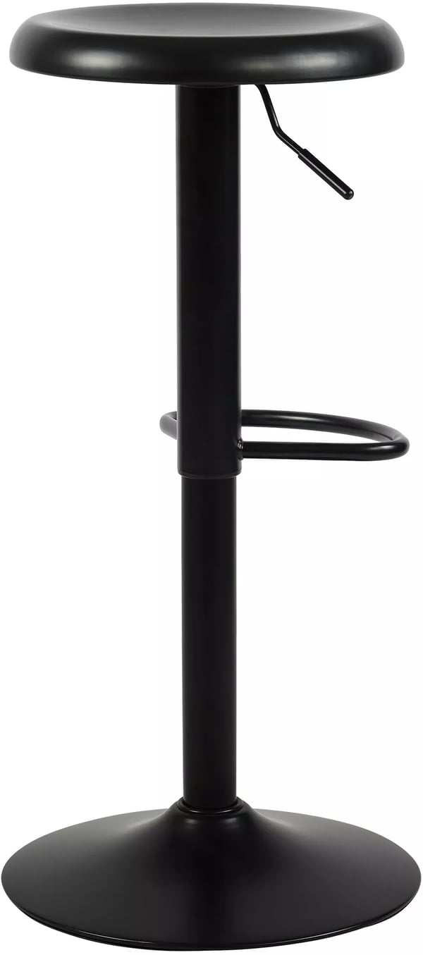 Sort metal barstol, højdejusterbar og drejelig med fodstøtte, 39 cm diameter