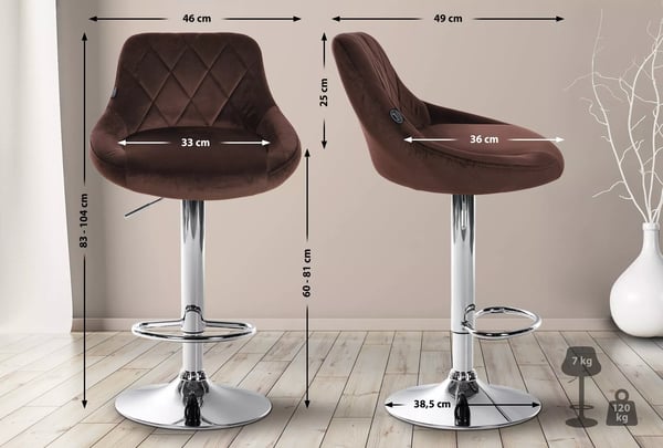 Sæt med 2 brune fløjlsbarstole med metalfod, justerbar højde, 360° drejefunktion