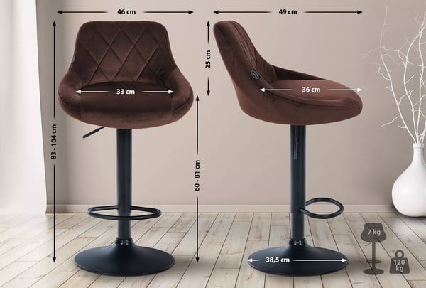 Sæt med 2 brune fløjlsbarstole med metalfod - justerbar højde drejelig