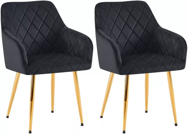 Set med 2 Monett svarta sammetsstolar med quiltad rygg och metallram