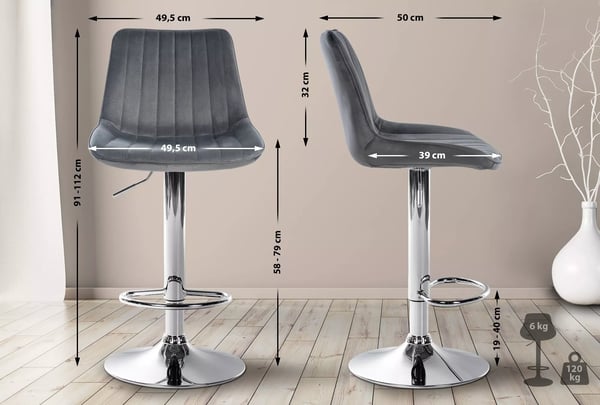 Toni Mørkegrå Fløjl Barstol med Metalstel - Højdejusterbar & Drejelig