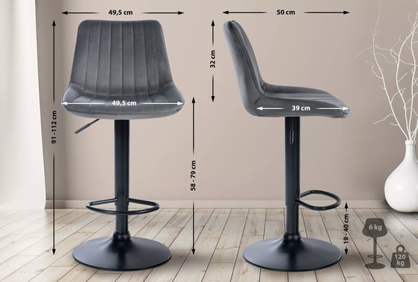 Toni Mørkegrå Fløjl Barstol med Metalstel, Højdejusterbar & Drejesæde
