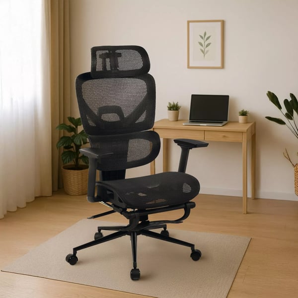 Beresford Ergonomisk Kontorstol med Lændestøtte, Fodstøtte og Justerbare Armlæn - Sort Stof, Mat Sort Metalstel