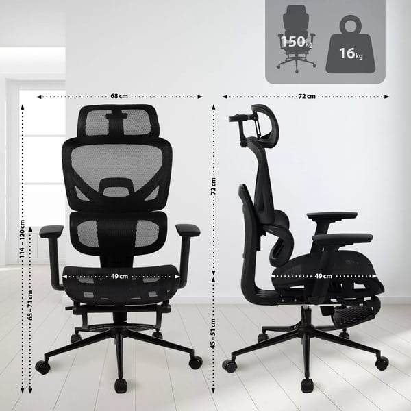 Beresford Ergonomisk Kontorstol med Lændestøtte, Fodstøtte og Justerbare Armlæn - Sort Stof, Mat Sort Metalstel