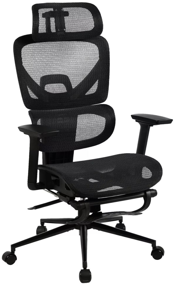 Beresford Ergonomisk Kontorstol med Lændestøtte, Fodstøtte og Justerbare Armlæn - Sort Stof, Mat Sort Metalstel