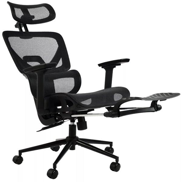 Beresford Ergonomisk Kontorstol med Lændestøtte, Fodstøtte og Justerbare Armlæn - Sort Stof, Mat Sort Metalstel