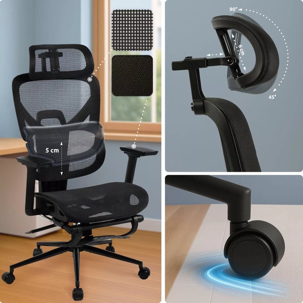 Beresford Ergonomisk Kontorstol med Lændestøtte, Fodstøtte og Justerbare Armlæn - Sort Stof, Mat Sort Metalstel
