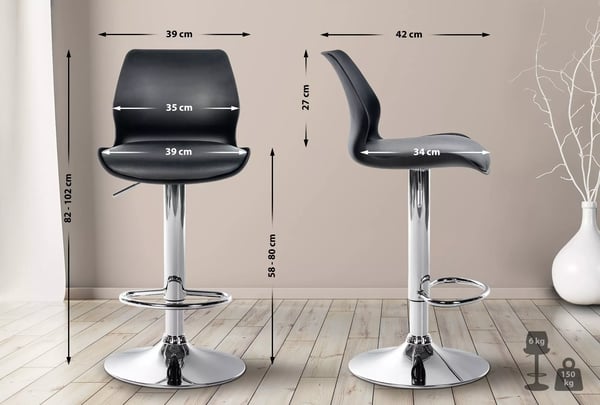 Set med 2 Gilbert Barstolar - Svart Plast sits, Metall Trumpetfot, Justerbar Höjd & Svängbar