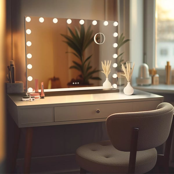 Norlina LED-meikkipeili 10x suurennosta, himmennettävä, 3 valotilaa, USB-portit (A+C), musta metalli