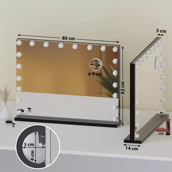 Norlina LED-meikkipeili 10x suurennosta, himmennettävä, 3 valotilaa, USB-portit (A+C), musta metalli