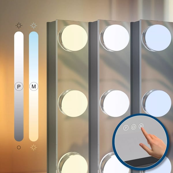 Norlina LED-meikkipeili 10x suurennosta, himmennettävä, 3 valotilaa, USB-portit (A+C), musta metalli