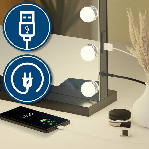 Norlina LED-meikkipeili 10x suurennosta, himmennettävä, 3 valotilaa, USB-portit (A+C), musta metalli