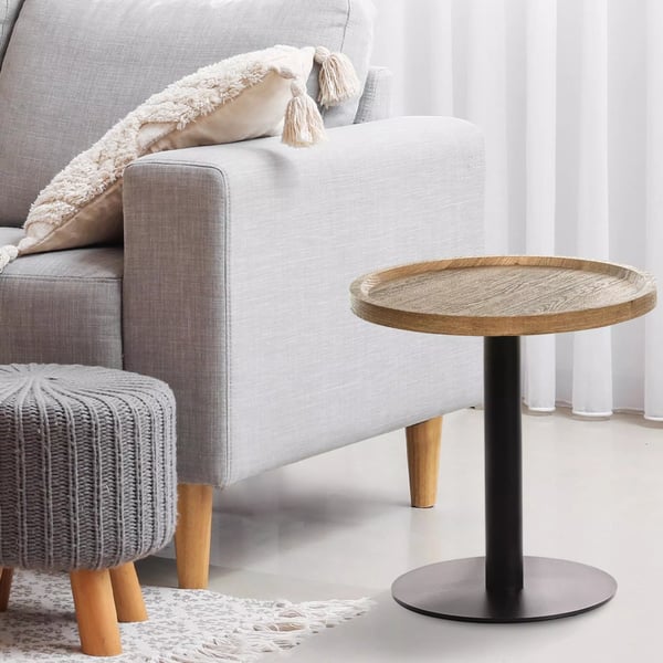 Aspen rundt træ sidebord med mat sort metalramme - Brun