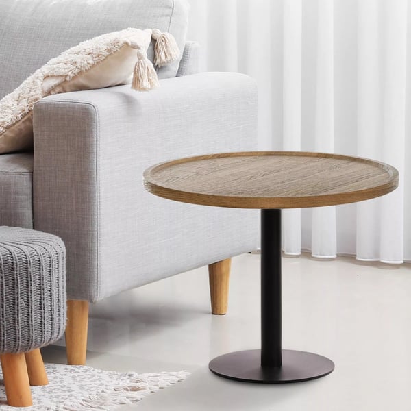 Aspen rundt træ sidebord med mat sort metalramme - Brun