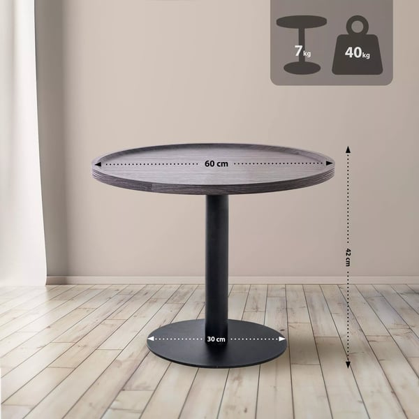 Apupöytä Aspen, pyöreä puinen kansi, mattamusta metallirunko, halkaisija 60 cm