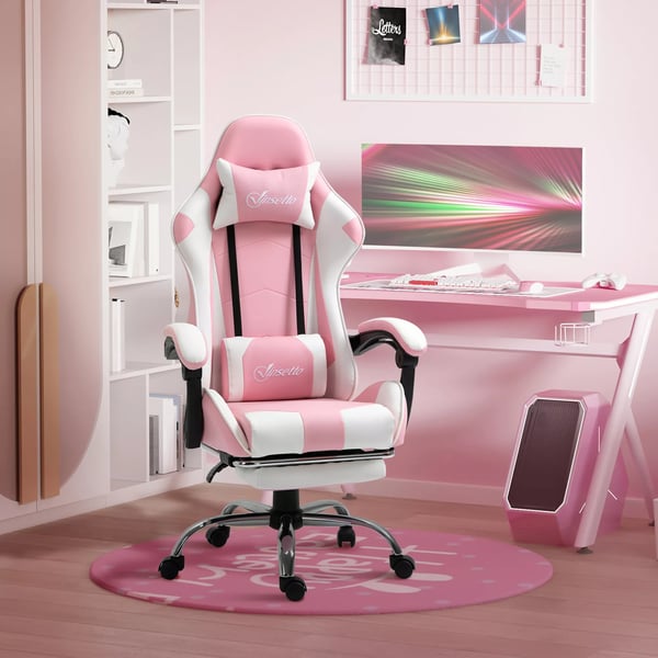Vinsetto Gamingstol - Ergonomisk Kontorstol m/højdejustering, nakkestøtte, fodstøtte, Pink/Hvid