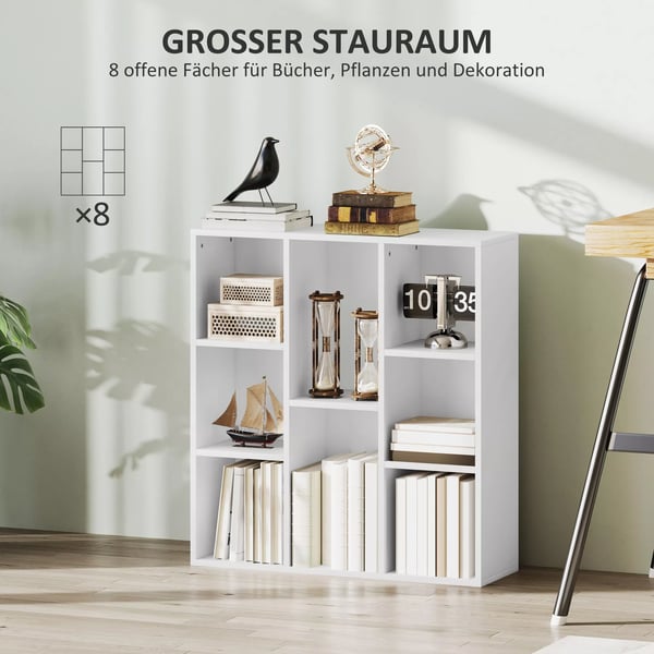 Reol med 8 Hylder, Stende eller liggende, Opbevaringshylde til Stue, Sovevrelse, Kontor, Hvid, Trbaseret Materiale