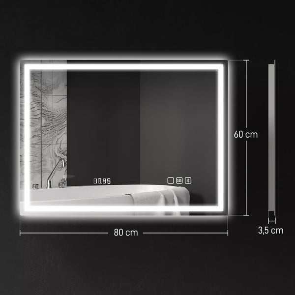 HOMCOM Badeværelsesspejl 80x60 cm, LED, Bluetooth, Ur, Dugfri, Sølv