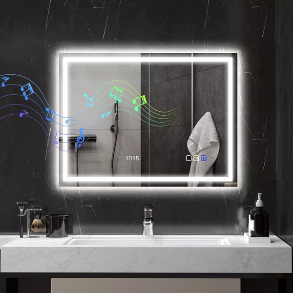 HOMCOM Badeværelsesspejl 80x60 cm, LED, Bluetooth, Ur, Dugfri, Sølv