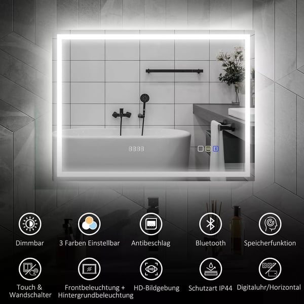 HOMCOM Badeværelsesspejl 80x60 cm, LED, Bluetooth, Ur, Dugfri, Sølv