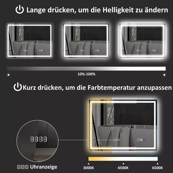 HOMCOM Badeværelsesspejl 80x60 cm, LED, Bluetooth, Ur, Dugfri, Sølv