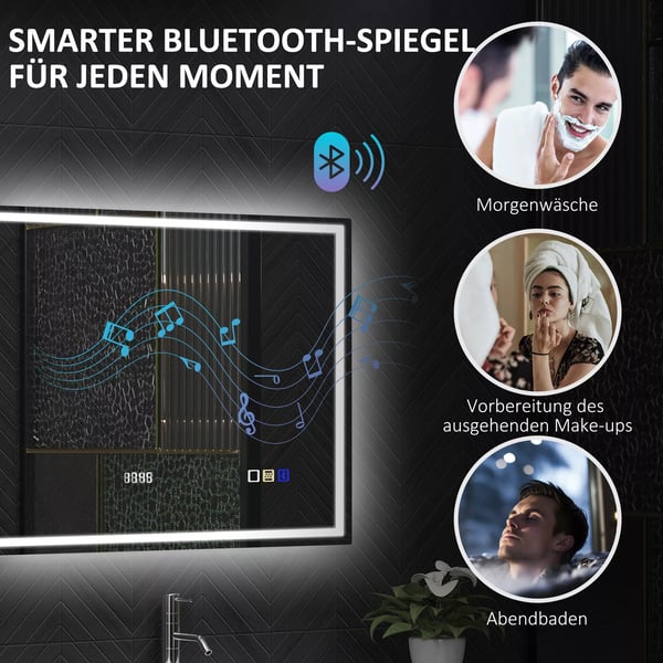 HOMCOM Badeværelsesspejl 80x60 cm, LED, Bluetooth, Ur, Dugfri, Sølv
