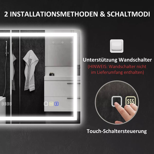 HOMCOM Badeværelsesspejl 80x60 cm, LED, Bluetooth, Ur, Dugfri, Sølv