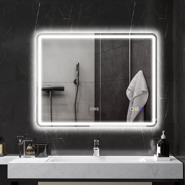 Badspegel med LED-belysning, Bluetooth och klocka, 70x90 cm, Silver, Härdat glas, Imfri