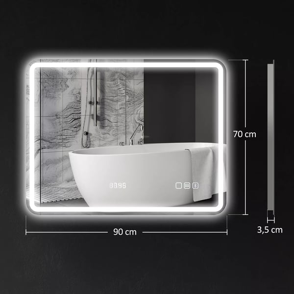 Badspegel med LED-belysning, Bluetooth och klocka, 70x90 cm, Silver, Härdat glas, Imfri