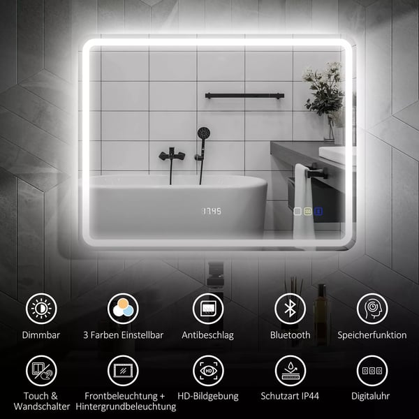Badspegel med LED-belysning, Bluetooth och klocka, 70x90 cm, Silver, Härdat glas, Imfri