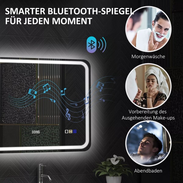 Badspegel med LED-belysning, Bluetooth och klocka, 70x90 cm, Silver, Härdat glas, Imfri